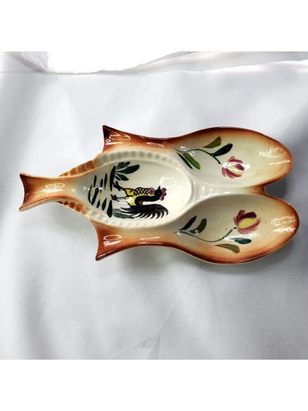 Vintage Hand Painted Ceramic Rooster Chicken Triple Spoon Rest Kitchen Cooking